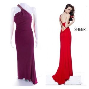 NWT SHERRI HILL 1602 One Shoulder Open Back Ruched Gown Cranberry Size 2 Prom